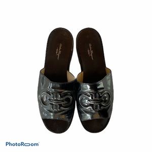 Ferragamo black patent leather mule slides sandals